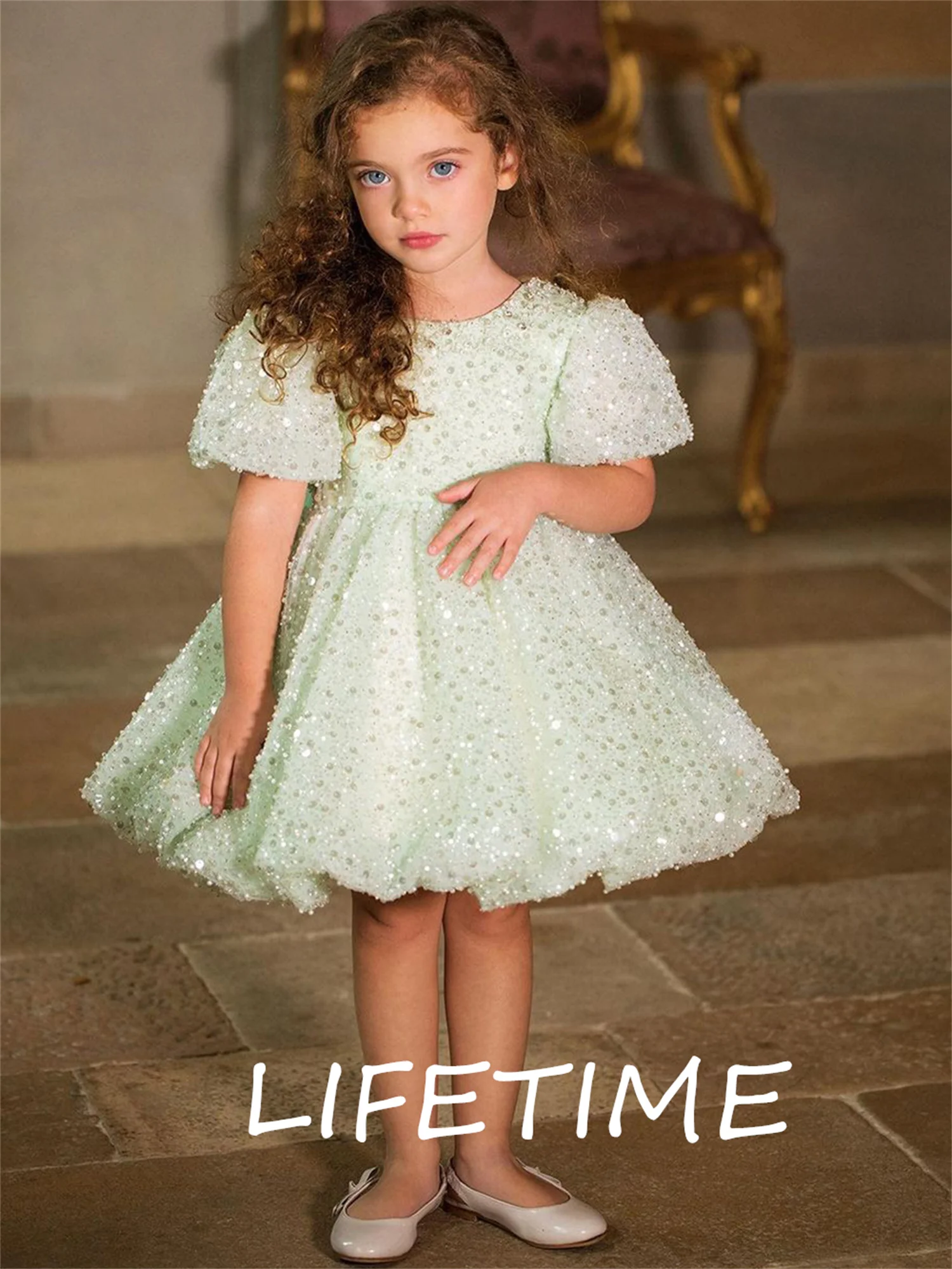 

Платье с коротким рукавом для девочки, на свадьбу и вечеринку, платье с блестящими цветами для девочки, великолепные платья для девушек, элегантное праздничное платье принцессы