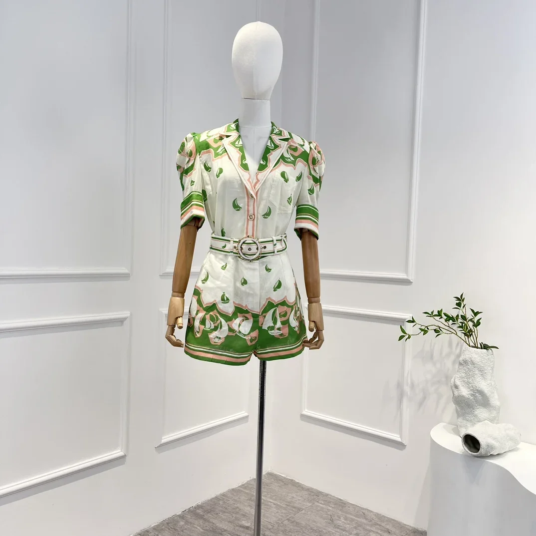 

2023 Summer Top Quality Beach Style Green Sailboat Printing Blouse Shorts Matching Set Women