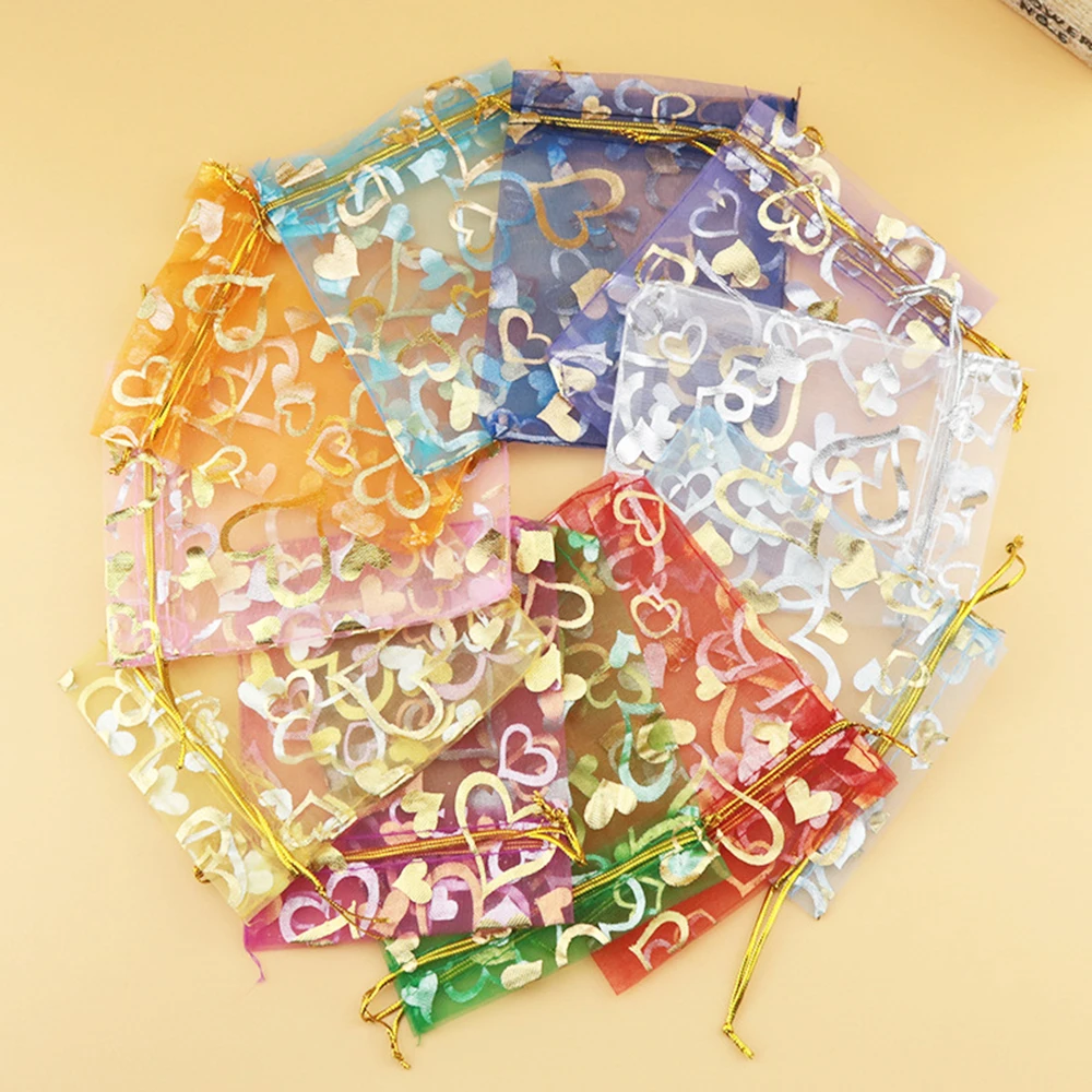 

100 Pcs Sheer Organza Drawstring Bags Heart Floral Jewelry Pouches Candy Gift Bags Wedding Party Favor Mesh Christmas Pouches