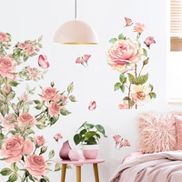 beautiful pink rose butterfly flower wall stickers self adhesive removable girls bedroom decoration mural posters wall decor