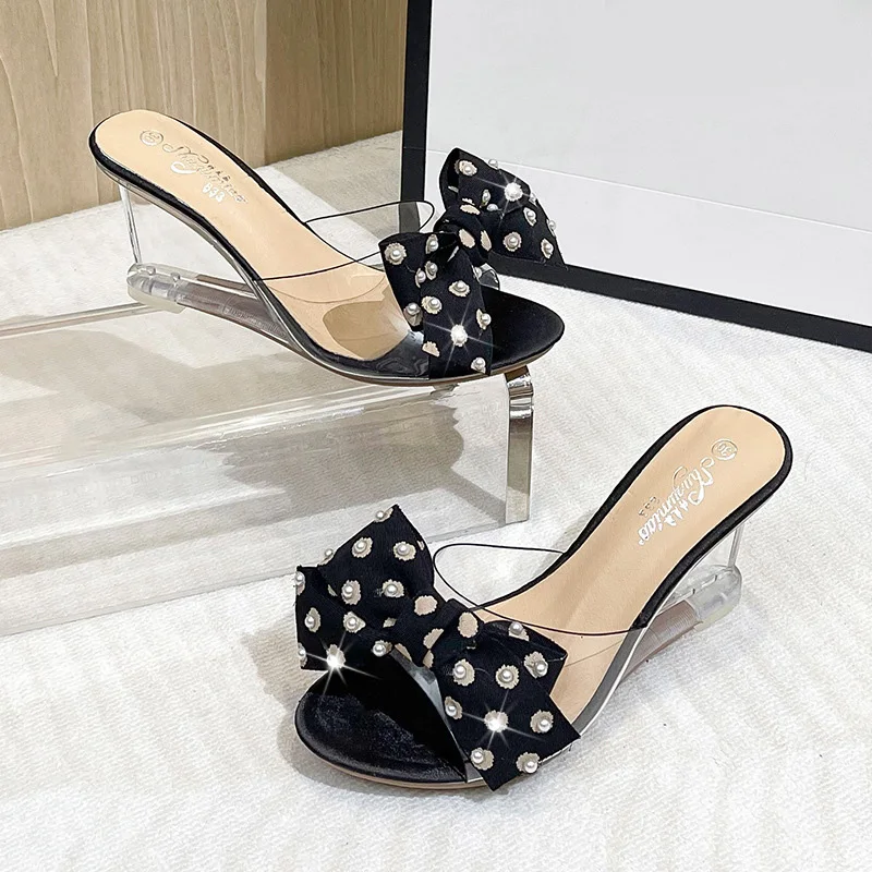 

Summer Wave dot bow pearl Rhinestone Flower Wedge Heel Sandals Sexy Open Toe Crystal Transparent High Heels Sweet Party Women