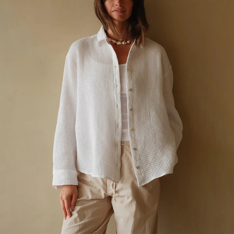 

Хлопковая вафельная Женская куртка с отложным воротником, Топ с длинным рукавом, рубашка в стиле Харадзюку, тонкое пальто, женская верхняя одежда, Корейская осенняя одежда