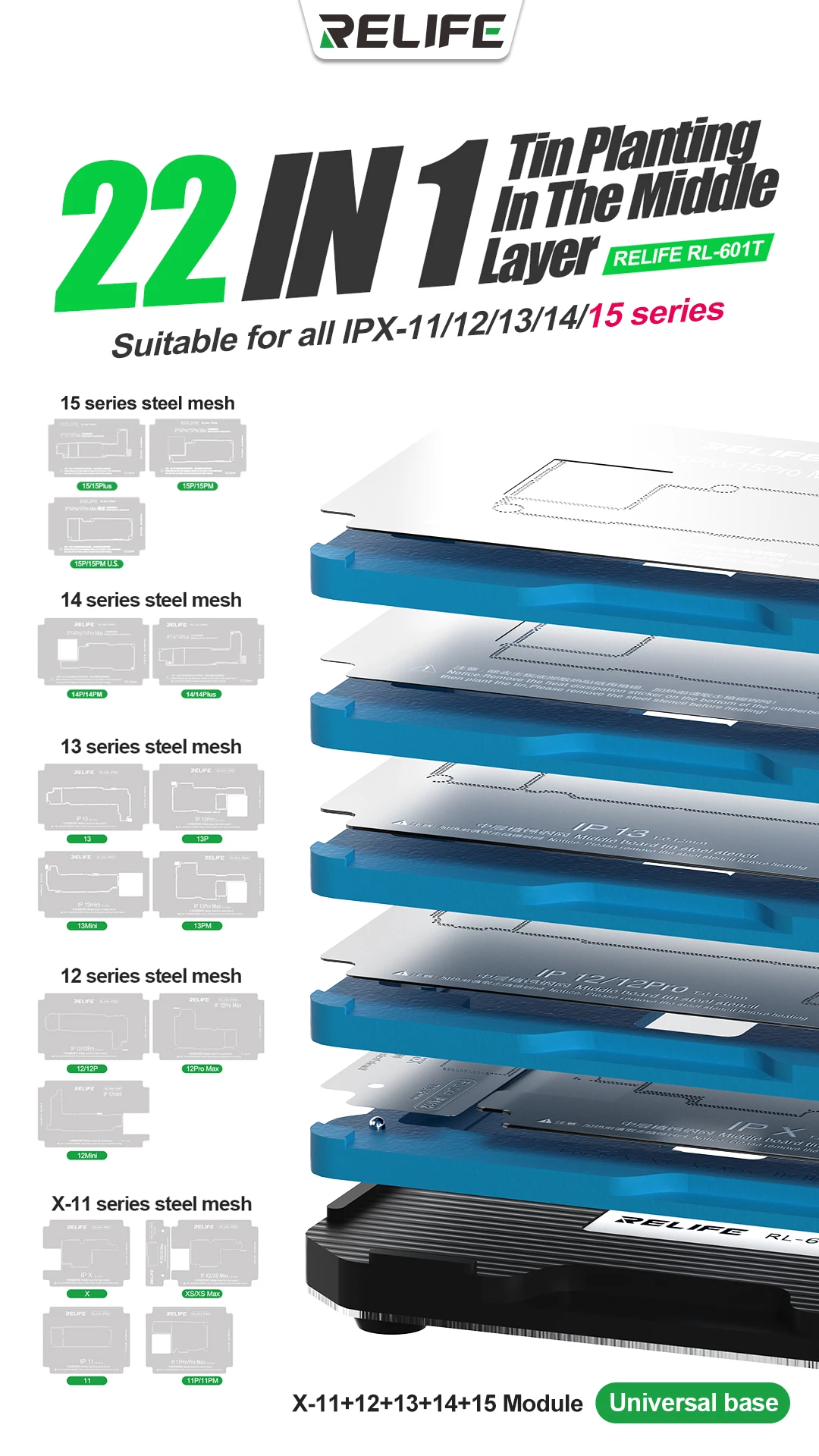 Трафарет RELIFE RL-601T 22 в 1 для iPhone X ~ 14 15 Pro Max материнская плата среднего слоя