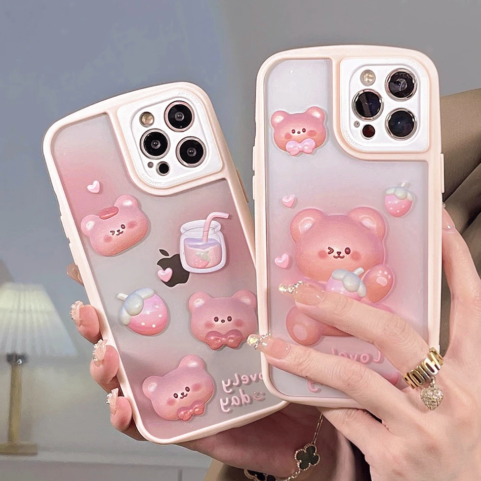 

For iPhone 13 Cute Strawberry Care Bears Phone Case For iPhone 12 11 Pro Max X XR XS Max Small Waist TwoIn One Soft TPU Cover