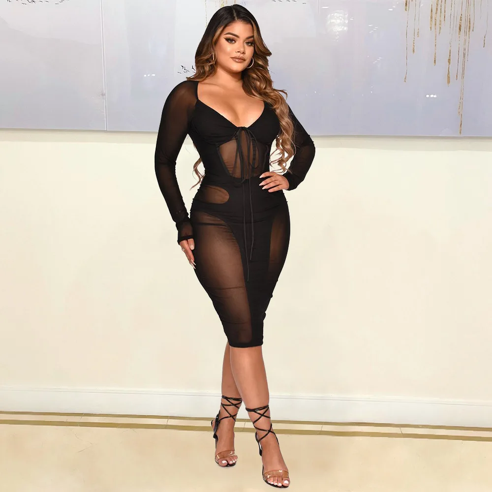 

Sexy Mesh Sheer Transparent Night Party Dress for Women Spring Black Deep V Neck Long Sleeve Drawstring Pencil Knee Length Robe