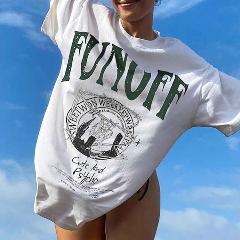 

2022 Summer Y2k Woman Clothes Casual Cotton Women's Pullover Round Neck Loose Street T-shirts Letter Print Oversized T-shirt Top
