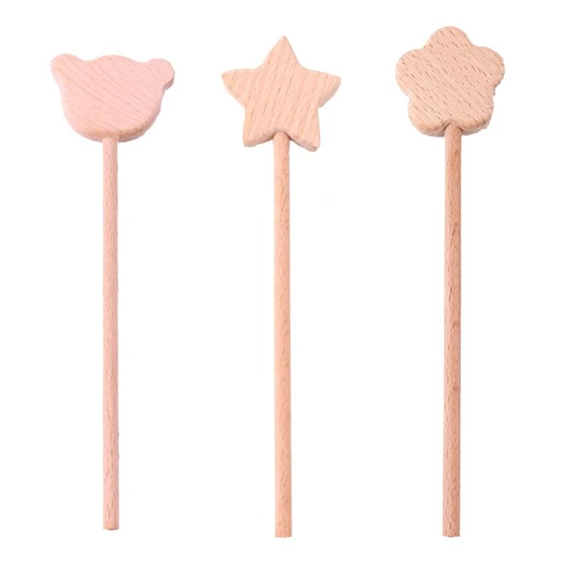 

Y3NF Wooden Teether Stick Star Bear Flower Beech Wood Teething Toy Ornament