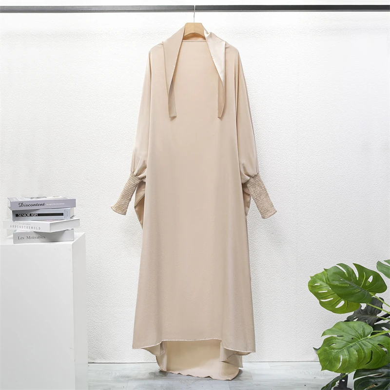 Muslim Abaya One-piece Prayer Dress Hooded Smocking Sleeve Women Jilbab Islamic Clothing Dubai Saudi Black Robe Turkish Modesty