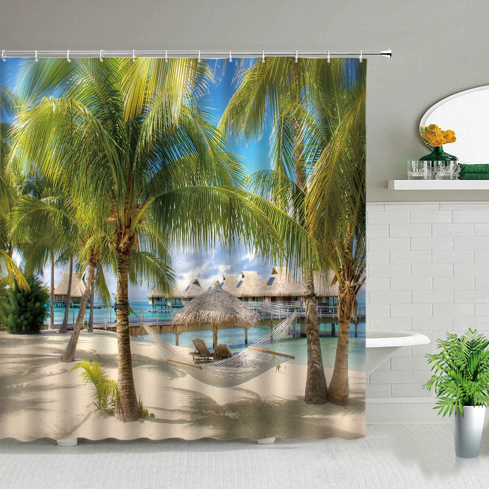 

Palm Tree Ocean Animal Scenery Shower Curtains Beach Dolphin Sea Turtle Starfish Landscape Bathroom Decor Bath Curtain With Hook