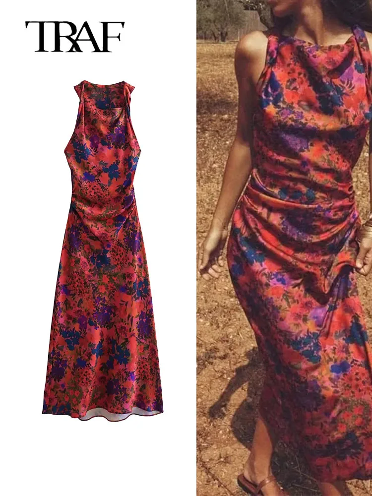 

TRAF Women Solid Sheath Dress 2023 Summer New Sleeveless Backless Side Split Party Dress Casual Mid-Calf Pleated Dress