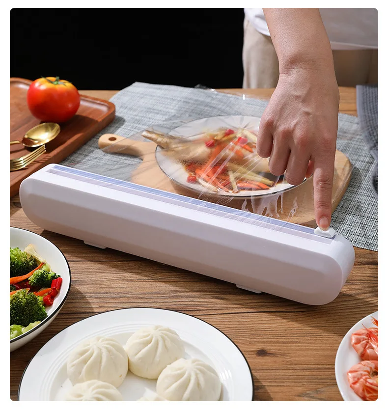 

Plastic Food Wrap Dispenser With Slide Cutter Adjustable Cling Film Cutter Preservation Foil Storage Box With Suction Bottom