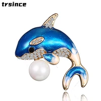 luxury refinement blue dolphin pins brooch for women full rhinestones scarf pin vintage jewelry costume lapel accessories