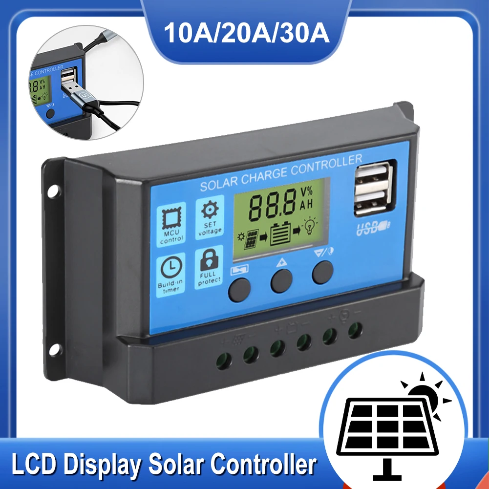 

30A 20A 10A LCD PWM Voltage Solar Controller Battery PV Cell Panel Charger 12/24V Regulator Lamp 100W-500W with USB 5V Output