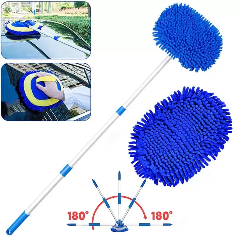 

Upgrade 2 in 1 Three section Telescoping Long Handle Car Wash Brush Mop Thick Chenille Microfiber Broom Cleaning Tool