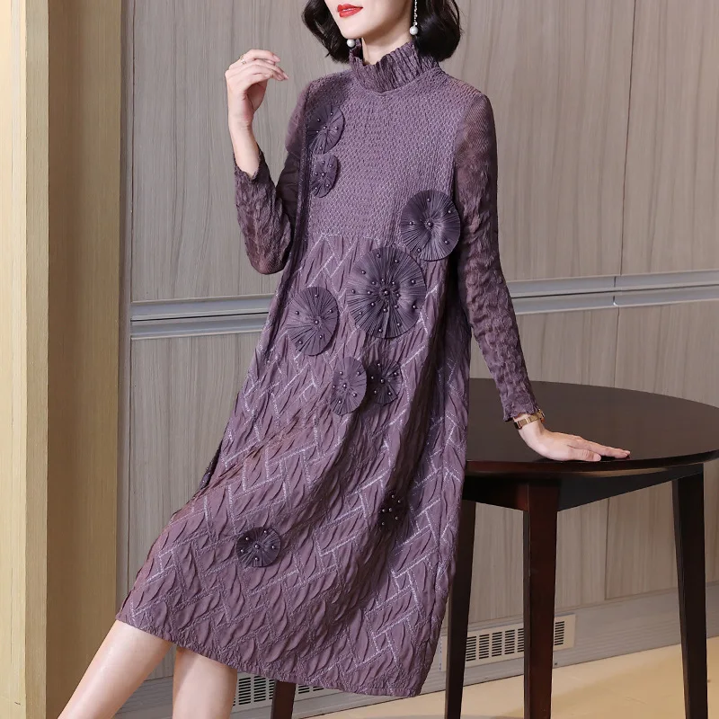 

Stand Collar Long Sleeves miyake Pleated Dress For Women 2022 Summer Autumn 3D flower ordering Patchwork Dresses Ladies Clothing