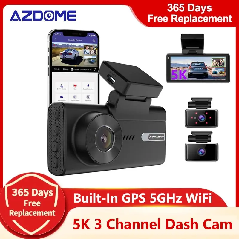 

AZDOME M580 5K 3 Camera 4K+1080P+1080P Car DVR GPS WiFi Logger Night Vision Dash Cam with Rearview Lens 3 Channel Car Camcorder