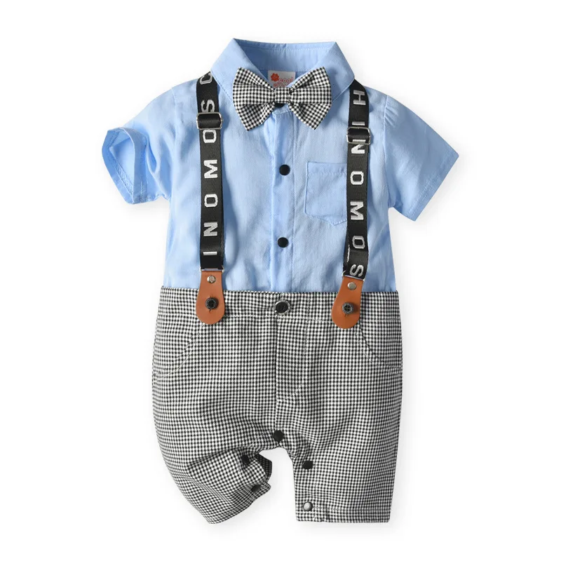 Summer Baby Romper Jumpsuit Fake Two Piece Set Gentleman Suit Bow Tie  1 Year Boys Birthday Cute Newborn  3-24M