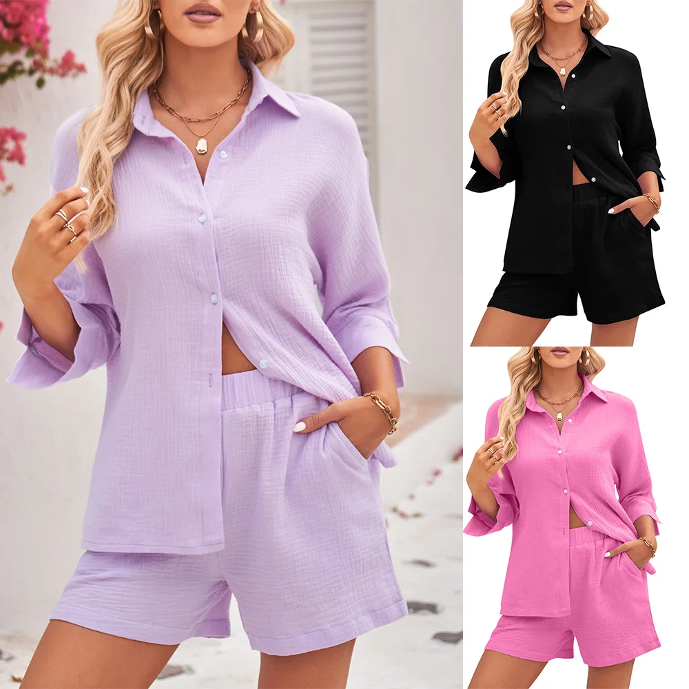 

Ladies Solid Pleated Loose Short Sleeve Two Piece Sets 2023 Summer Women's Vacation Beach Outfits Elegant Female Suits
