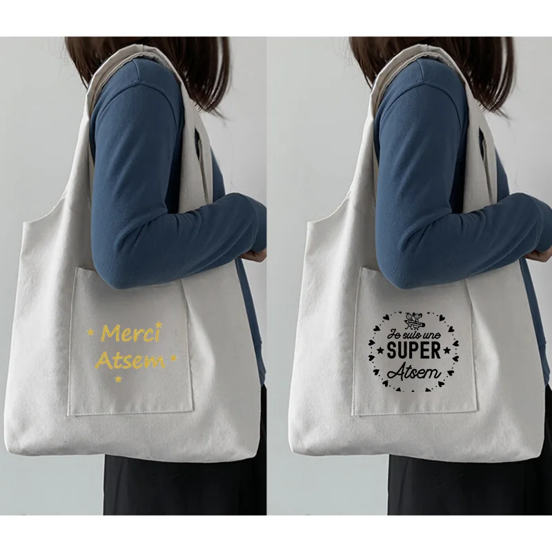 

French Print Super Atsem Fashion Women Canvas Shopping Bag Eco Harajuku Commute Shoulder Bags Super Atsem School Bags Gifts