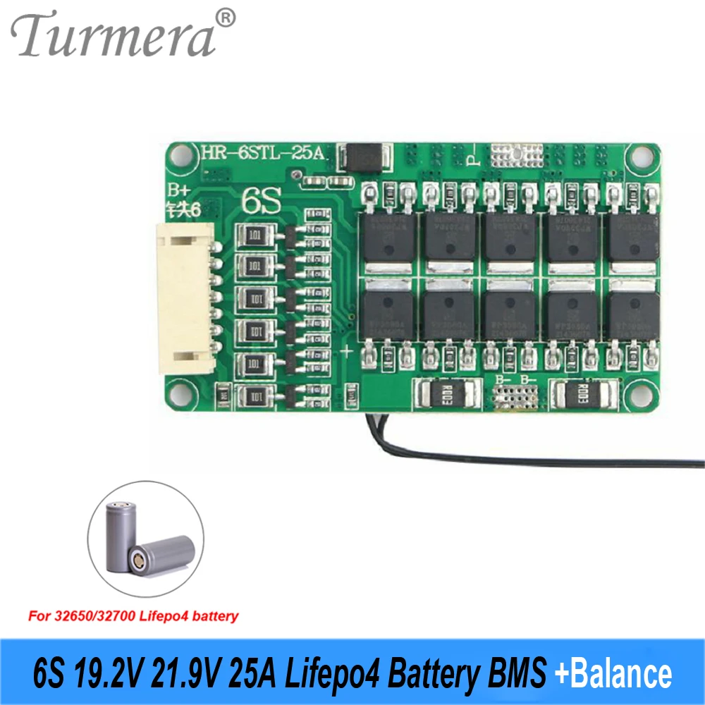 Turmera 6S 25A Balance BMS 19.2V 21.9V Lifepo4 Battery Protected Board with PTC Use in 18650 26650 32700 33140 Lifepo4 Batteries