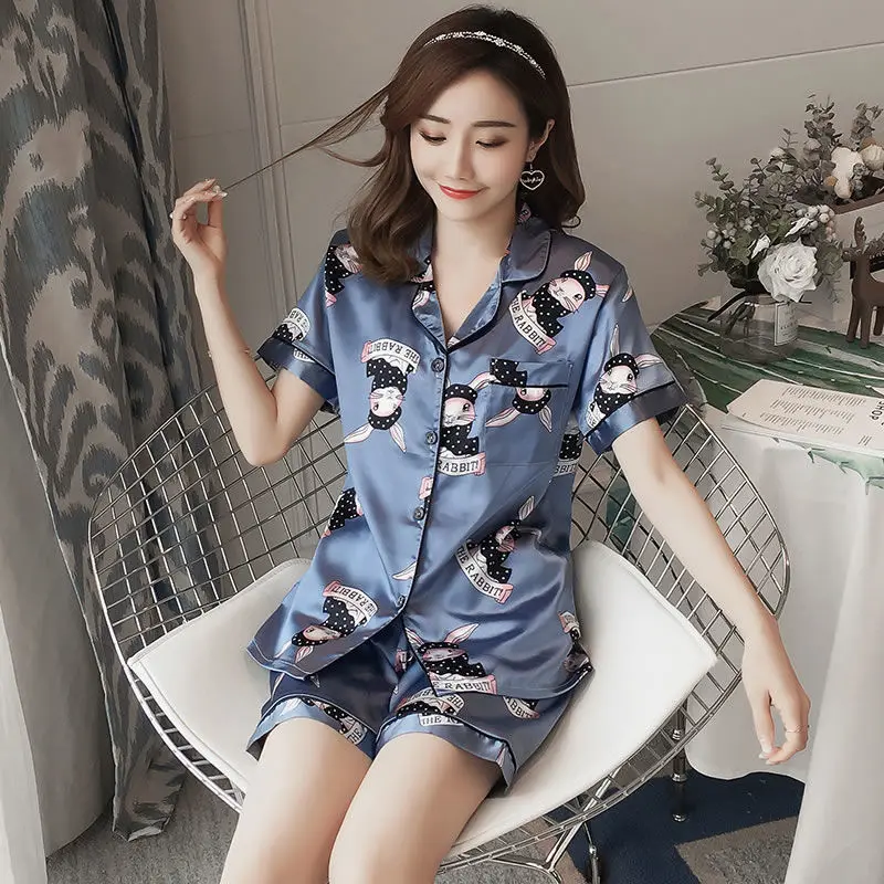 Women's ice thin summer short-sleeved pajamas, students' large cute home clothes, two-piece suit, spring and autumn, summer