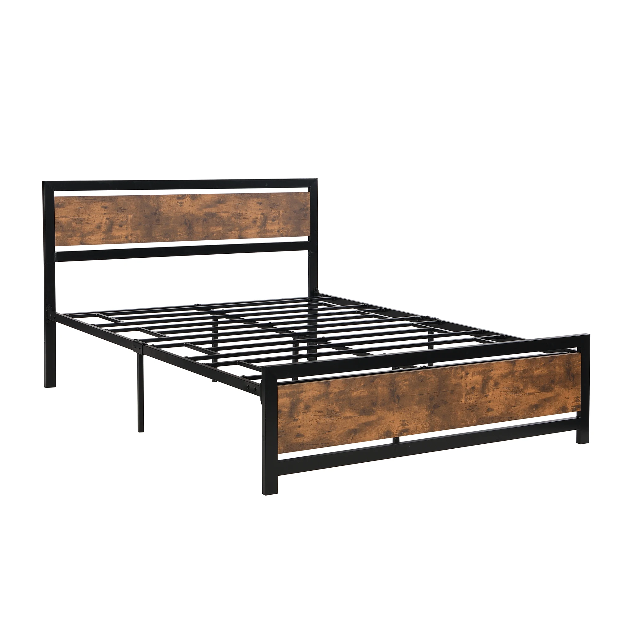 

Metal&Wood Bed Frame with Headboard&Footboard Queen Size Platform Bed Brown-Black No Box Spring Needed Easy to Assemble[US-W]