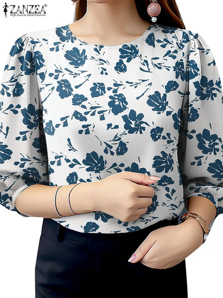 ZANZEA женские Blusas Mujer с пышными рукавами элегантные рубашки круглым вырезом и