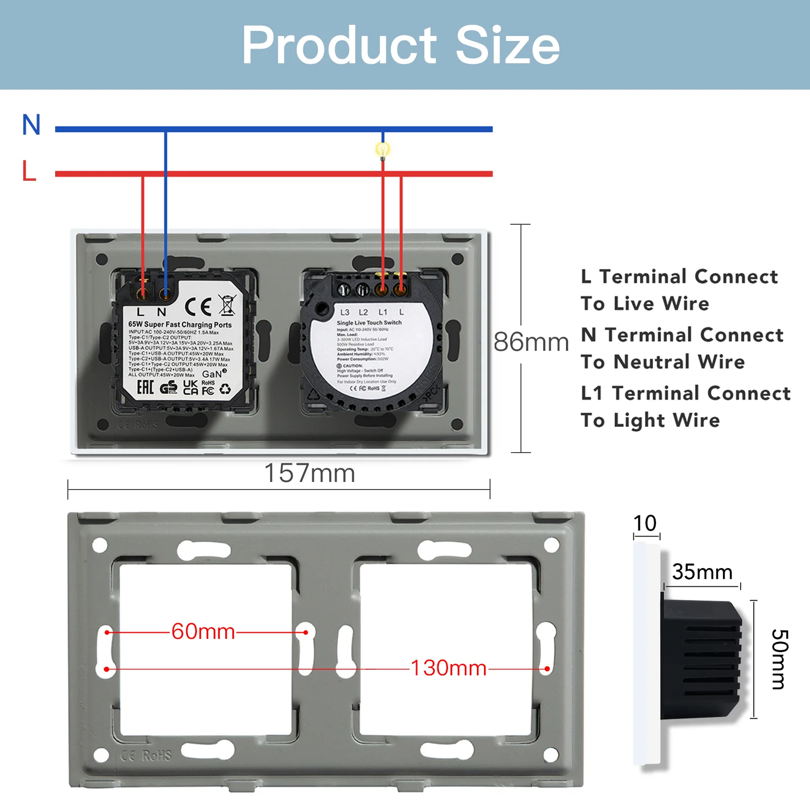 BSEED 1234Gang Light Touch Switch 1Way Plus 65w Dual Type-c USB Super Fast Charging Socket Порты Стеклянная панель Стандарт ЕС (art.: 3920cfd76cf84) - 3920cfd76cf84