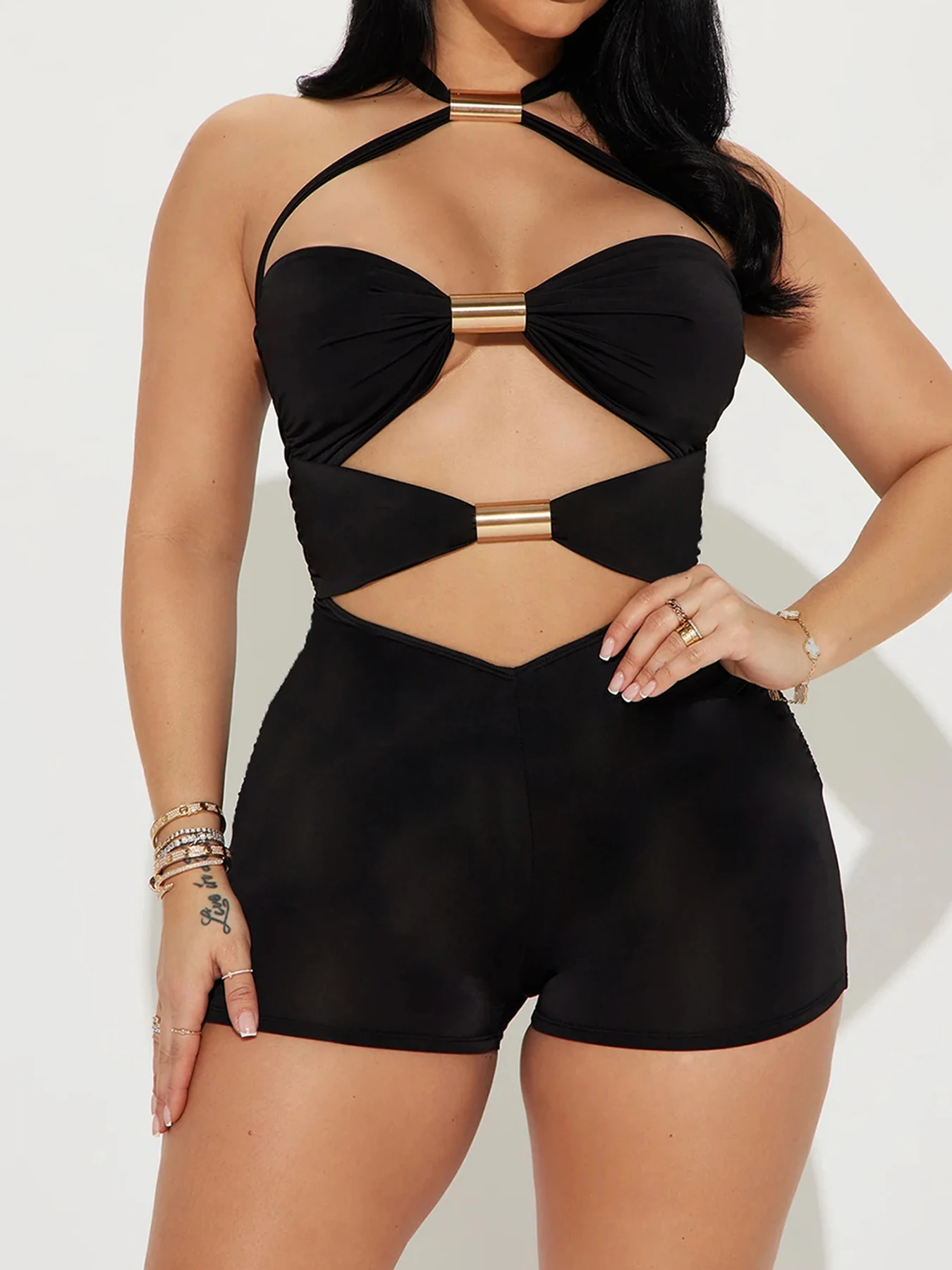 Женский комбинезон без рукавов Sweetown облегающий пикантный с лямкой на шее летние