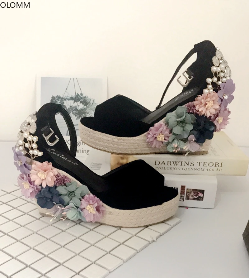 

Beads Flowers DIY Diamond Platform Wedge High Heel Shoes Sandals Womens Peep Toe Ankle Buckle Suede Black Plus Size