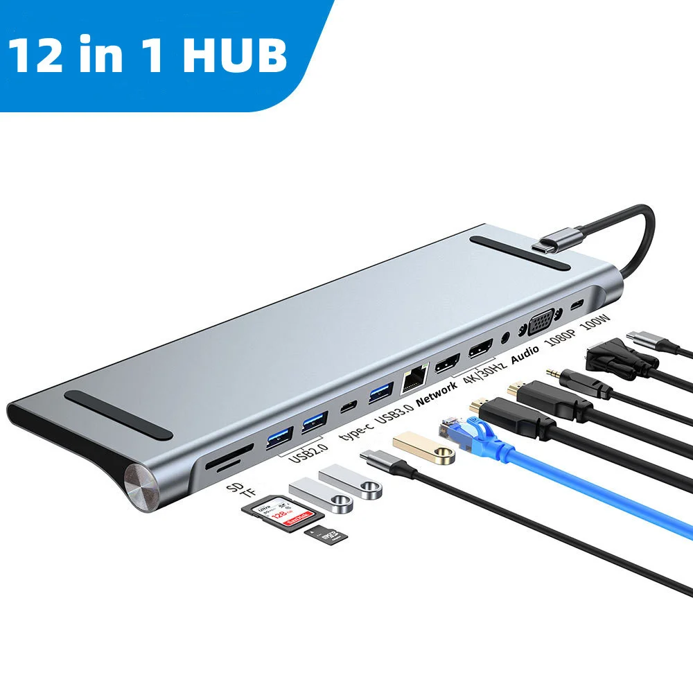 

12 in 1 USB Hub Dock Station MST Dual HDMI Screen Universal Multi Splitter Adapter Laptop Docking Station Multi-interface Hub