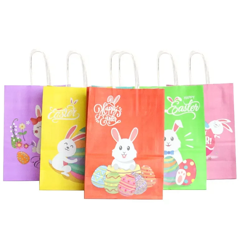 

4pcs Easter Kraft Bags With handle Cute Rabbit Bunny Cookies Packaging Candy Kraft Paper Bags Happy Easter Party Decoration