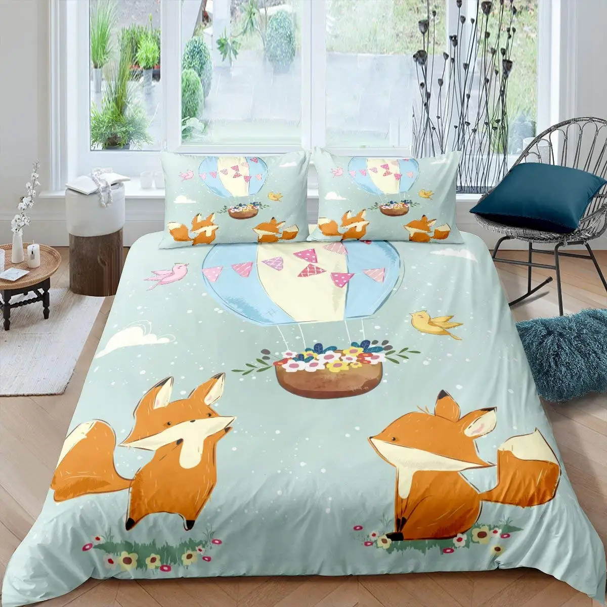 

Fox Duvet Cover Set Girls Cartoon Fox Bedding Set Lovely Animal Theme Comforter Cover for Kids Teens King Polyester Quilt Cover