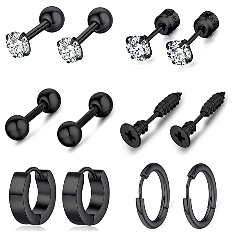 

6 Pairs of Round Zircon Stud Earrings Black Cool Stainless Steel Hoop Earrings Hypoallergenic Earring Set For Men and Women