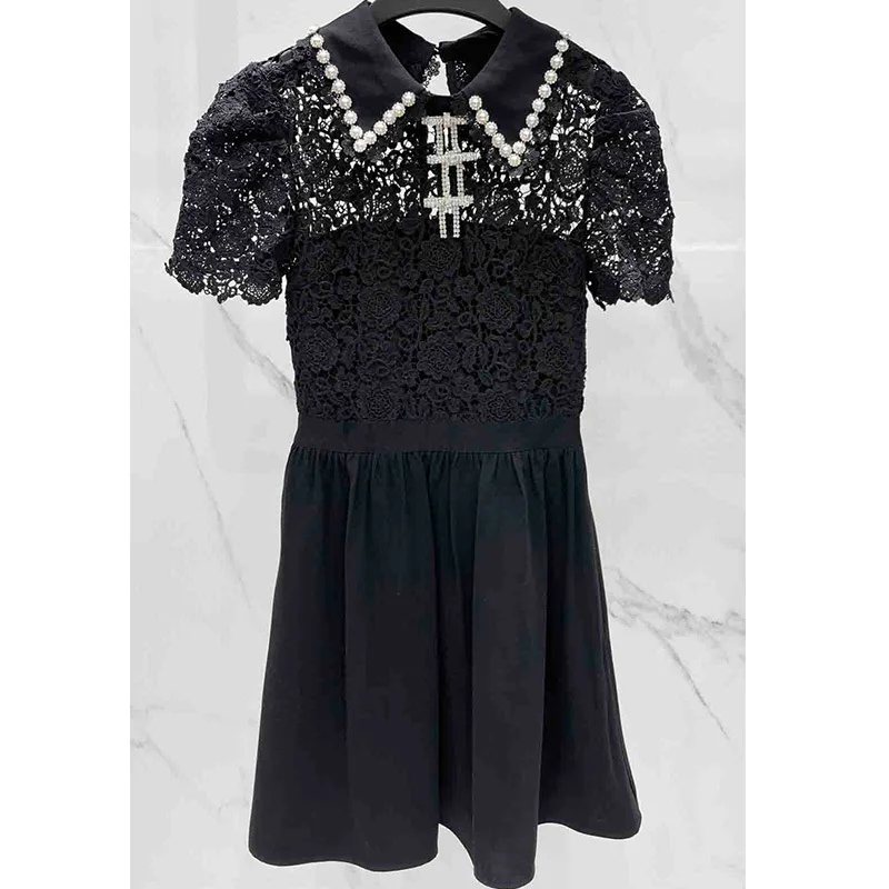 

22 Spring Runway Lace Dress Black Women Short Sleeve Peter Pan Collar Bead Dress High Quality Vintage Slim High Waist Dresses
