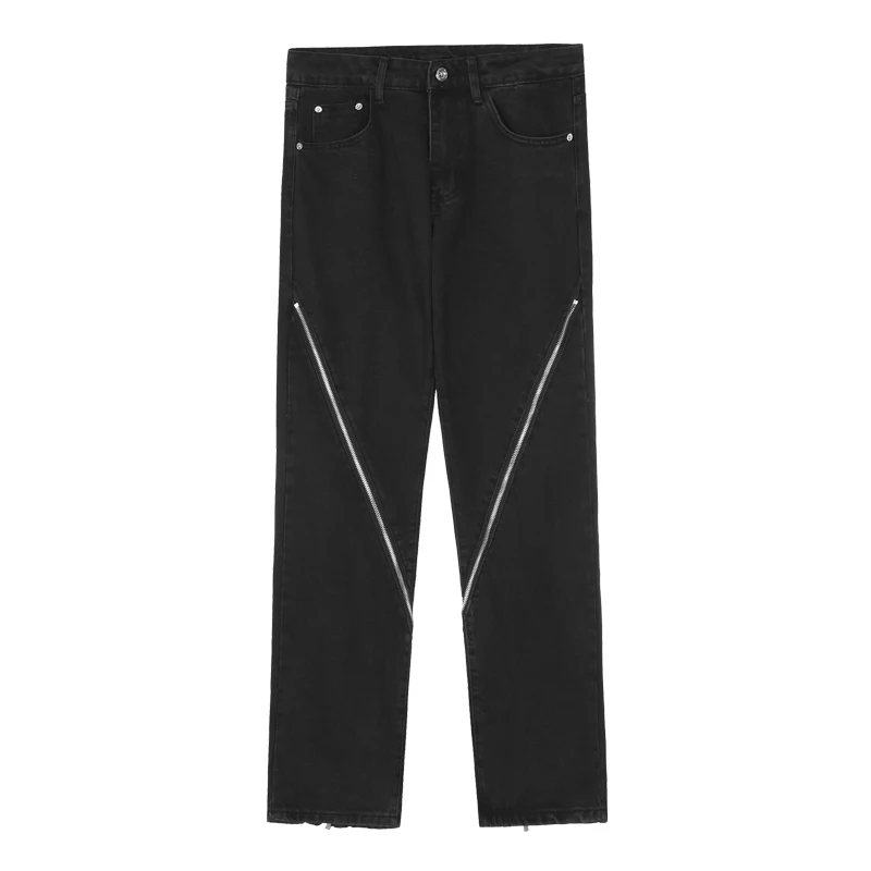 American Street Clothing Zipper Design Black Jeans Loose Straight Bar Wild Zipper Design Feel Casual Pants Hiphop Trousers MEN
