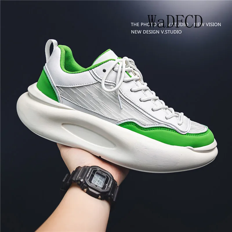 

Chunky Sneakers Men Soft Sole Running Shoes Fashion Casual Leather Mesh Breathable Height Increased Flat Platform Board Shoes