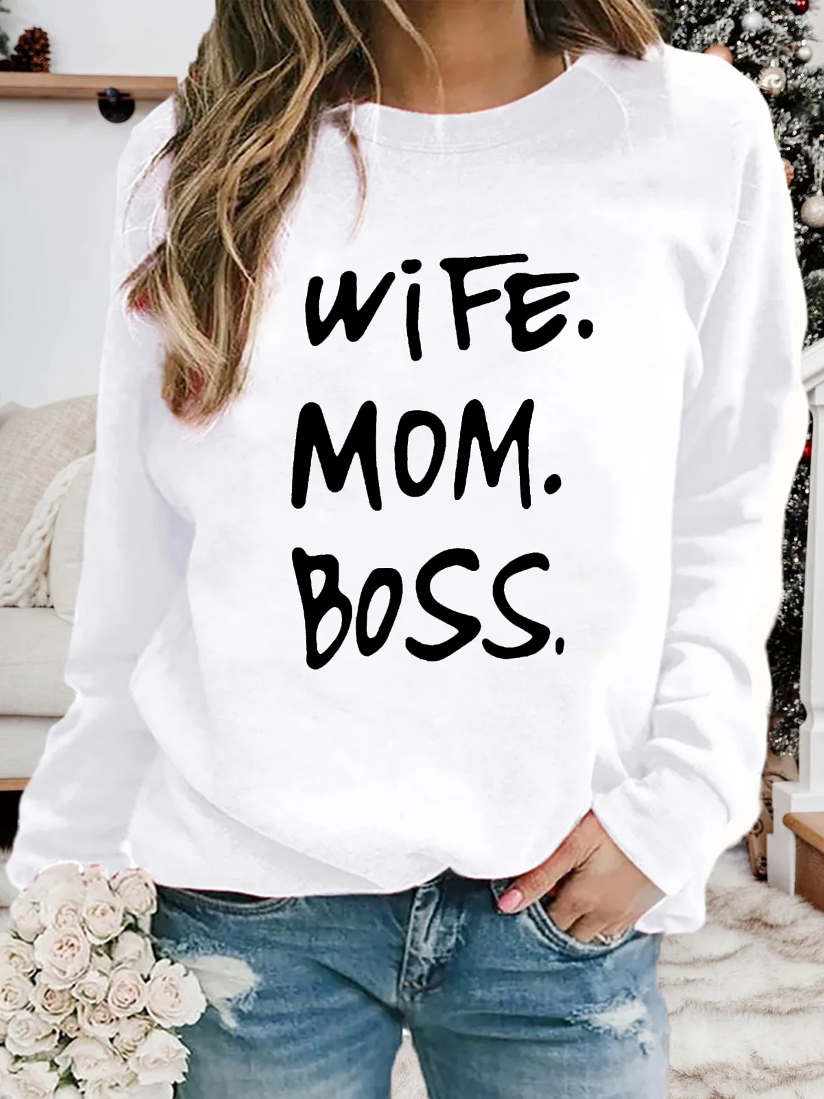 

American Style Wife Mom Boss Print Ladies Trendy Clothing Athleisure Long Sleeve Round Neck Commuter Extended-arm