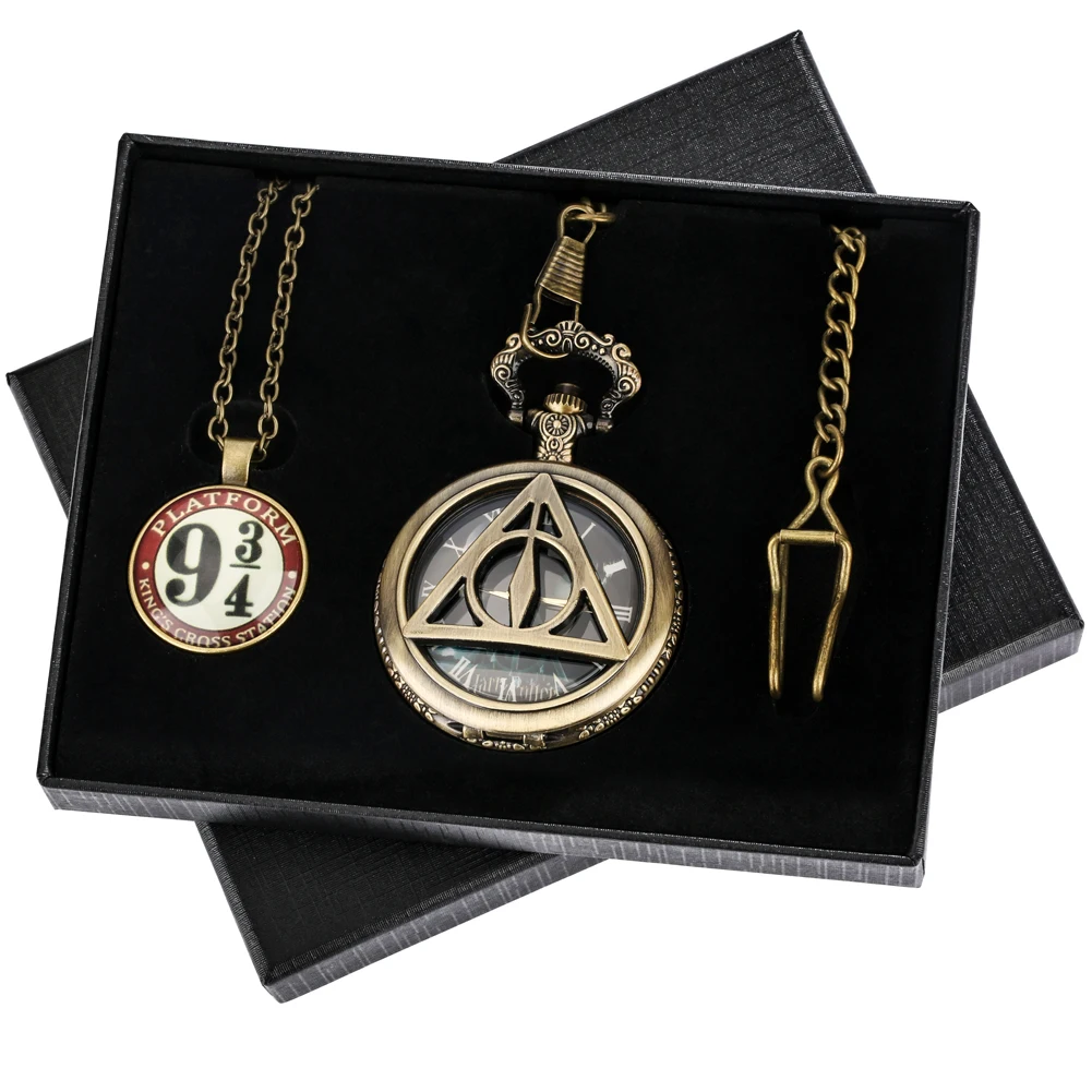Vintage Gift Pocket Watch Necklace Set with Box for Dad Bronze Hollow Quartz Triangle Design Clock Men's Waist Chain Accessories