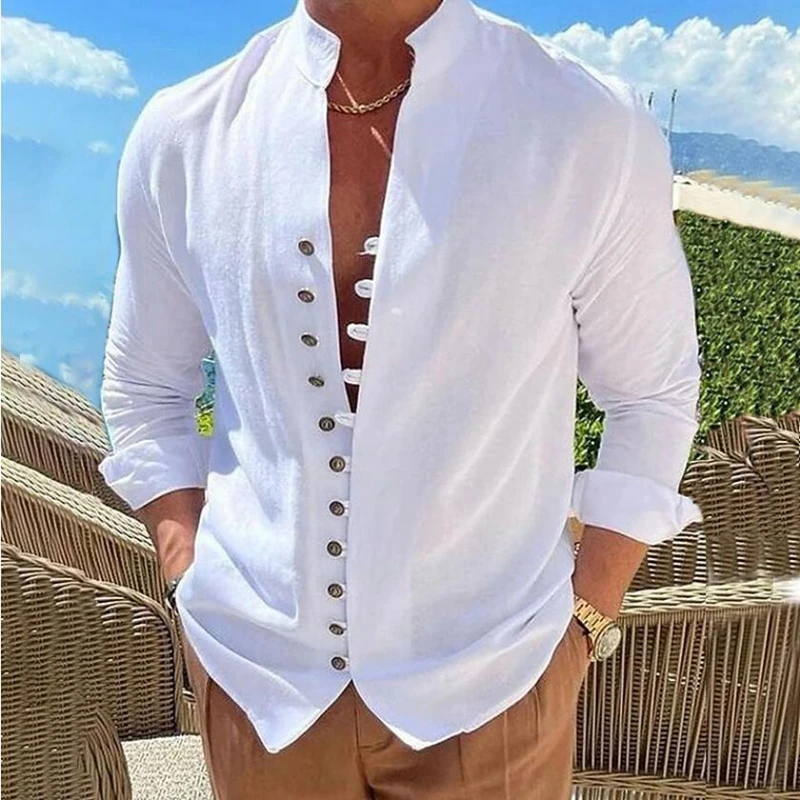 

Рубашка мужская с V-образным вырезом, хлопково-Льняная блузка с длинными рукавами, с воротником-стойкой, пикантная Повседневная однотонная пляжная одежда, в стиле ретро