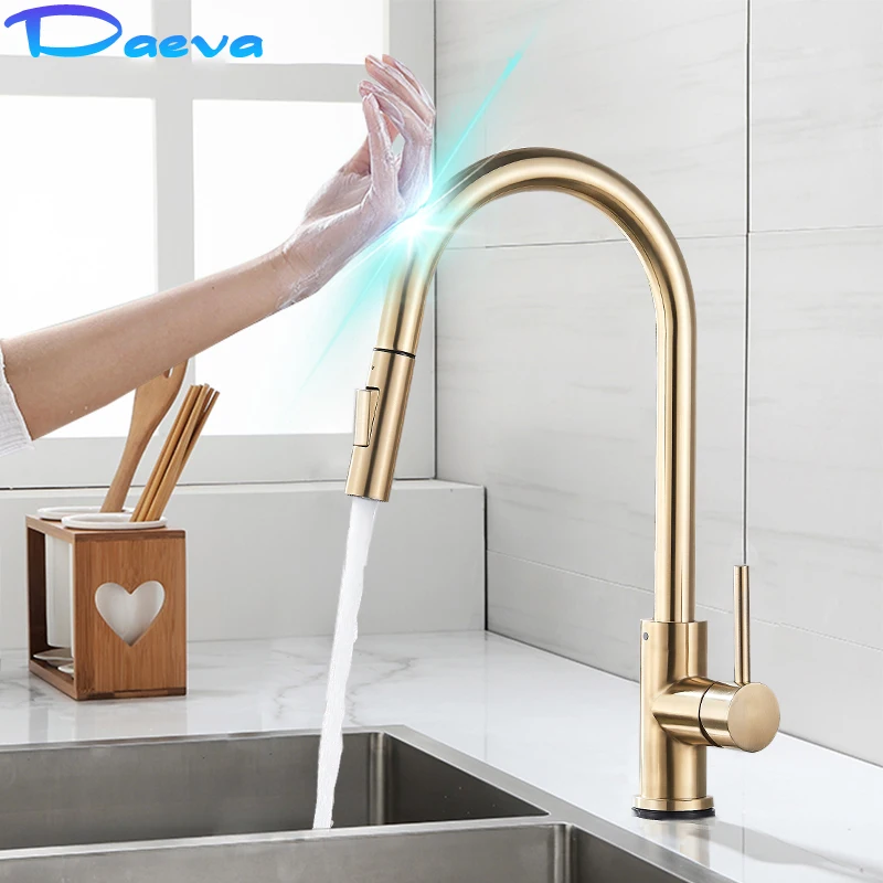 

Hot Cold Touch Kitchen Faucets Quality Stainless Steel Brushed Gold Mixer Pull Out Smart Touch Mixer Sensor Tap 360 Rotation