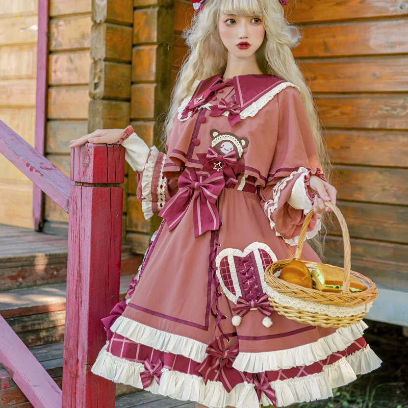 Winter Lolita Set Coat With Jsk Dress Kawaii Bear Print Lovely Daily Lolitas Outfits Victorian Tea Party Renaissance