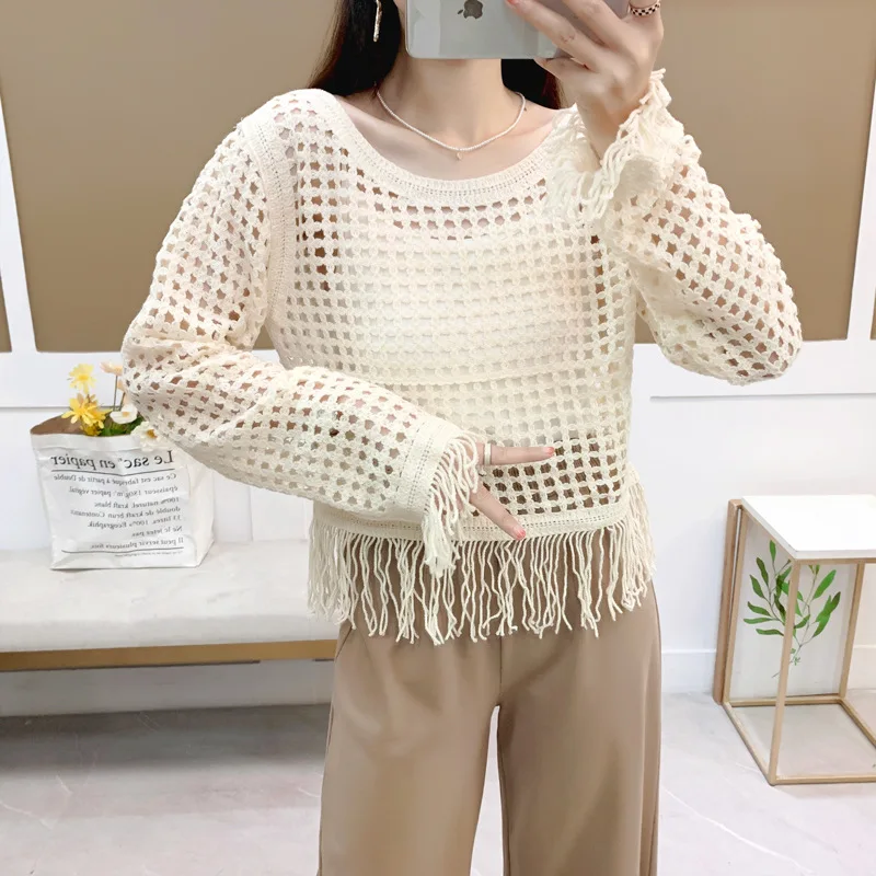 Women's Hollow-out Long-Sleeved Sweater 2023 Spring/Summer New Loose Short Overclothes Tassel Top  Wholesale