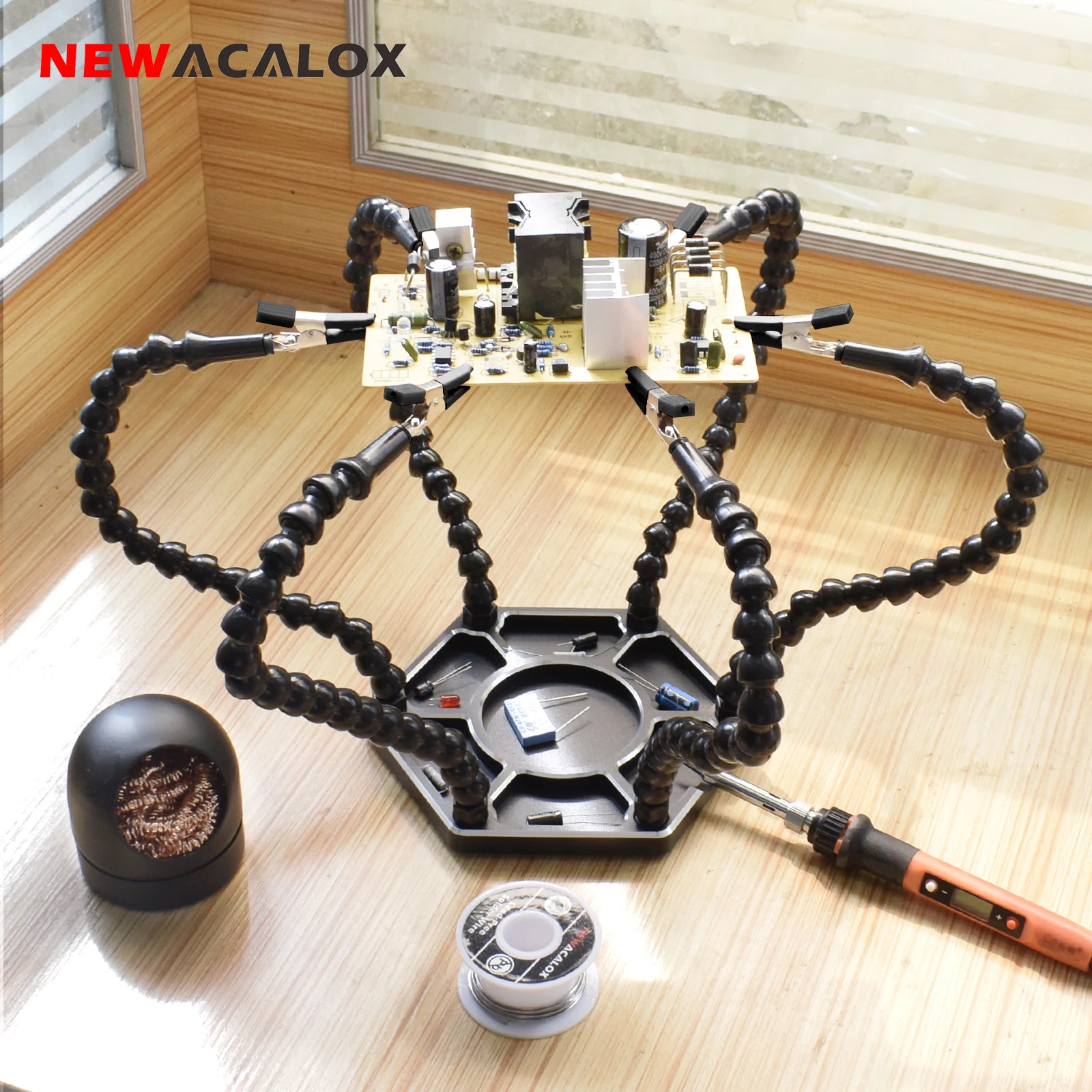 

NEWACALOX Helping Hands Soldering Station with Solder Tip Cleaning Ball 6 Flexible Helping Hand Arms Third Hand Soldering Tool