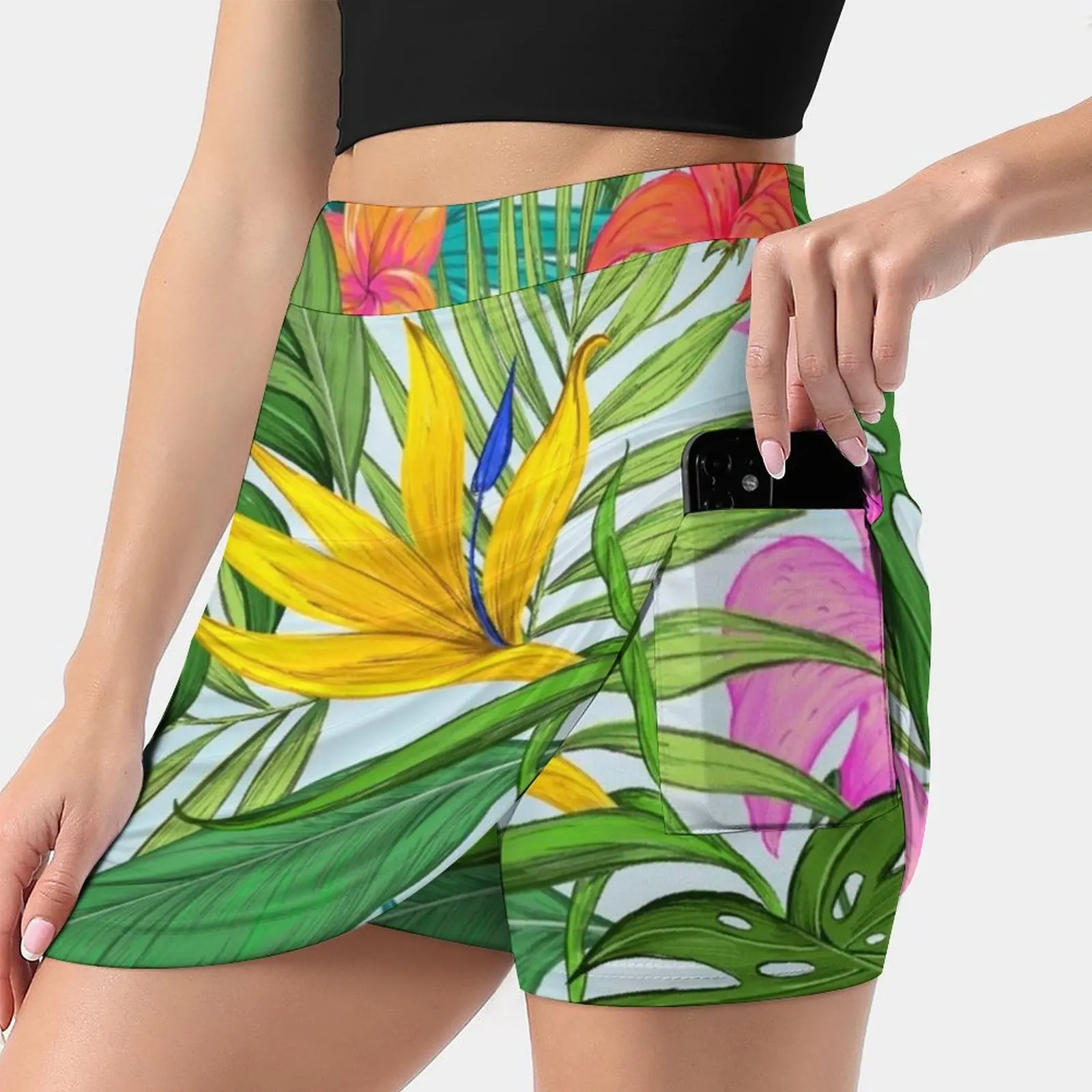 

Гавайская Цветочная Женская мини-юбка, трапециевидная юбка с карманами, Гавайские цветы, тропические гибискусы, лето