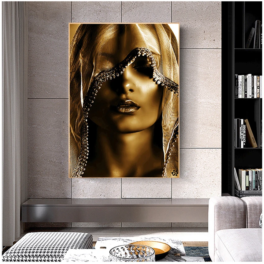 

Nordic Style Wall Art Pictures Scandinavian Cuadros for Living Room Decor Golden Makeup Women Canvas Paintings Posters and Print