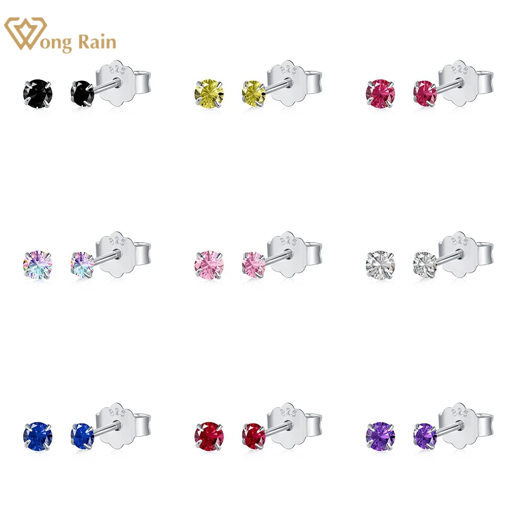 

Wong Rain 100% 925 Sterling Silver Round Cut 2.5 MM Zircon Gemstone Simple Women Ear Studs Earrings Party Jewelry Free Shipping