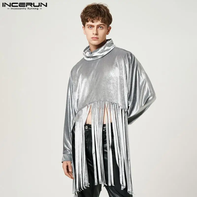 

Модная мужская футболка 2022, велюровая водолазка с бахромой и длинным рукавом, уличная одежда, необычные футболки, однотонные футболки, женс...