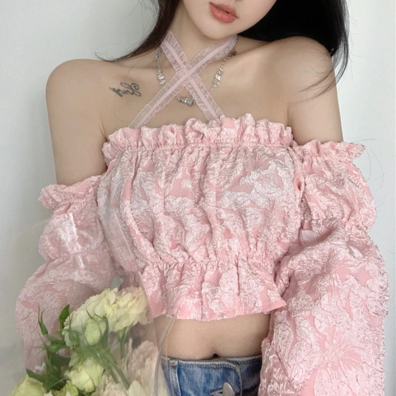 

Дизайнерская нишевая футболка с лямкой на шее, Новинка весна-лето 2022, футболка с листьями Pure Desire, Женский Топ с открытыми плечами и воротнико...