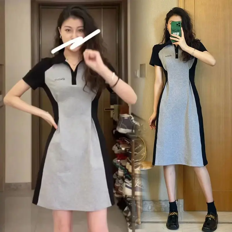 

Женское платье-рубашка с воротником-поло, женское ТРАПЕЦИЕВИДНОЕ цельнокроеное вязаное платье с коротким рукавом, сексуальное облегающее летнее платье средней длины D23